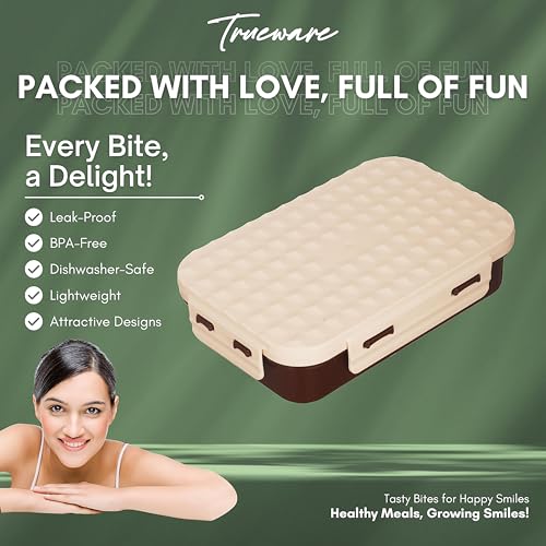 Image of Trueware Crest Lunch Box 2 Compartment Leak-Proof BPA Free Stainless Steel, Lunch Box for Kids, Lunch Box for School & Office with a Spoon, 580 ML (LBK-Crest-Brown BAZ)