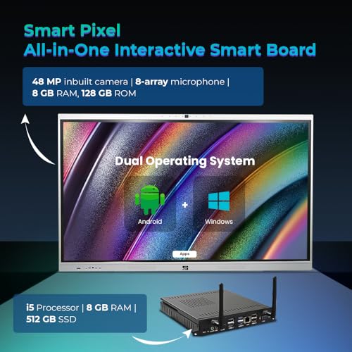 Smart Pixel 65 Inch All in One Interactive Smart Board 3840X2160 Pixel 48 MP Inbuilt HD Cam 8Array Mic 4K Display and Dual Operating System Latest Android and Windows Version for Office, School Smart Pixel 65 Inch All in One Interactive Smart Board 3840X2160 Pixel 48 MP Inbuilt HD Cam 8Array Mic 4K Display and Dual Operating System Latest Android and Windows Version for Office, School