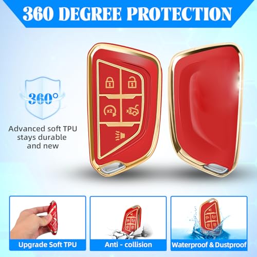 Image of QBUC for Cadillac Key Fob Cover with Leather Keychain (Gold Trim Red) | Soft TPU Protection Case Compatible with 2020-2026 Cadillac Escalade Lyriq Optiq 5-Buttons