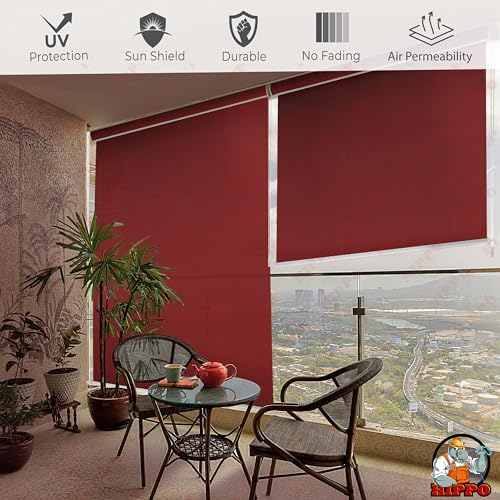 Image of HIPPO 180 GSM HDPE Outdoor Balcony Roller Blind, UV & Dust Protection Corded Roll Up and Down Light Filtering Blinds for Garden (Robin-Red, 3FTX5FT)