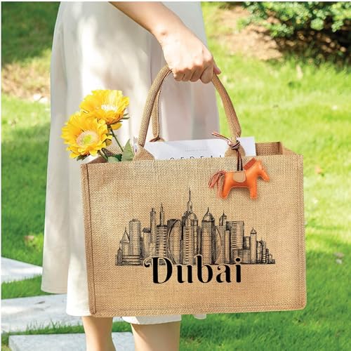 Souvenir Jute Tote Bag with Dubai Skyline Design - Gift for Souvenir from Dubai - Travel or Everyday Use - Reusable Jute Shopping Bag
