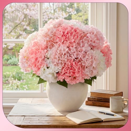Image of Suncalla Pink 6 Bundles Hydrangea Artificial Flowers Bulk 30 Heads 20'' Faux Fake Hydrangea for Spring Graves Easter Decor Porch Indoor Outdoor Home Garden Wedding Table Centerpieces