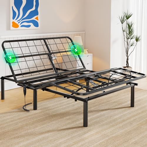 AMADA HOMEFURNISHING Adjustable Bed Frame, Metal Queen Adjustable Bed Base with 4 USB Ports, Head & Foot Incline, Supports up to 750 lbs, Electric Bed Frame with 4 Height Options, MSBFQ03-1