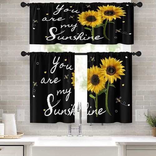 Tayney Kitchen Curtains Sets for Windows, 52x24 Inch, 3 Pack, Sunflower