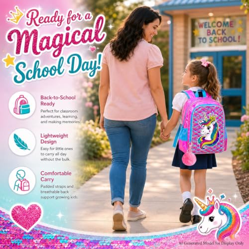 Image of CCJPX 3Pcs Unicorn Backpack, 16 inch Girls Sequin Bookbag with Lunch Box, Kids Water Resistant Elementary School Bag for Kindergarten Preschool Toddler (Rose)