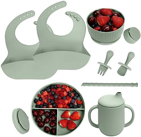 CSFICTS Baby Led Weaning Supplies - Silicone Baby Feeding Set - Suction Bowl Divided Plate Straw Sippy Cup - Toddler Self Feeding Eating Utensils Dishes Set with Bibs Spoon Fork - 6 Months
