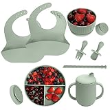 CSFICTS Baby Led Weaning Supplies - Silicone Baby Feeding Set - Suction Bowl Divided Plate Straw Sip