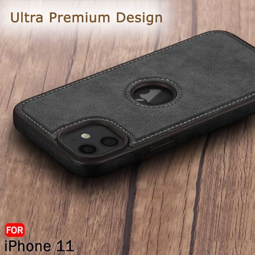 Image of TheGiftKart Genuine Leather Finish Back Cover Case for iPhone 11 | Shockproof Design | Raised Edges for Camera & Screen Protection | Stunning Minimalist Design Back Case Cover (Black Sides, Black)