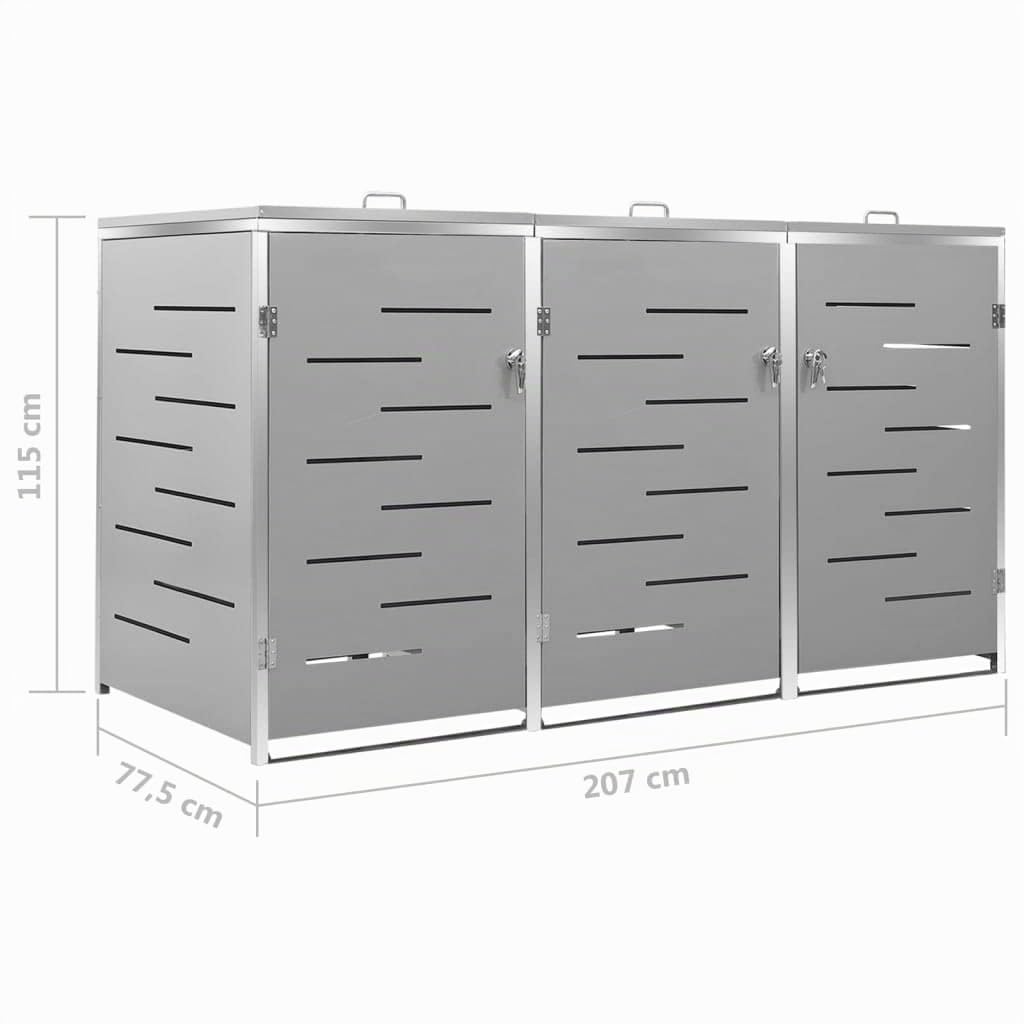KOIECETA Mülltonnenbox für 3 Tonnen Abschließbar Rostfrei Müllbox Mülltonne Mülltonnenverkleidung Müllcontainer Gartenbox 207x77,5x115cm Edelstahl, Grau, (V-1495)