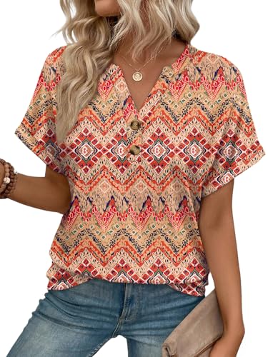 AUTOMET Womens Spring Tops 2026 Short Sleeve Shirts Henley Dressy Casual Blouses V Neck Fashion Tunics Trendy Flowy Clothing Boho E M