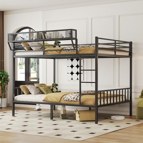 Image of Queen Over Queen Metal Bunk Bed with Storage Shelf & USB Charging | Open Storage Shelf,2 AC Outlets,2 USB Ports,Full-Length Guardrail for Boys&Girls,Noise-Free & Stable,No Box Spring Needed