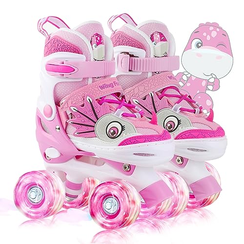 Dino Kids Toddler Roller Skates for Boys Girls,WESKIFAN Dinosaur Quad Skating Shoes with Shiny Light up Wheels&Adjustable Sizes Beginners rollerskates for Birthday Xmas Gifts