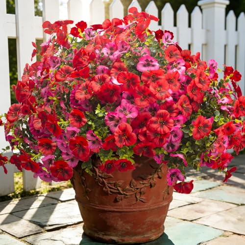 Grunyia Fake Pansy Flowers 16Pcs Artificial Silk Flowers UV Resistant for Outdoors, Realistic Faux Pansies for Planters Window Boxes Porch Garden Decor (Red & Pink)