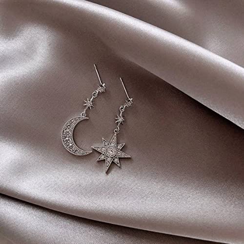 Moon And Star Mismatched Earrings, Silver Dangling Earrings, Star Dangle Earrings,Handmade Moon Drop Earrings #TOP4