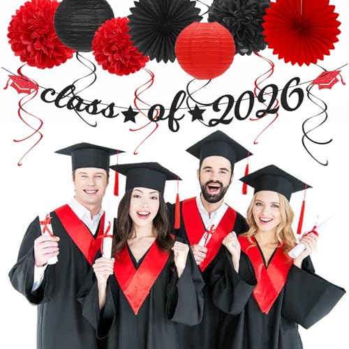 Image of Black Red Graduation Party-Decorations Garland - 36pcs Congrats Grad Class 2026 Banner,Hat Hanging Streamer,College High School Congratulations Master Celebration Classroom Backdrop Decor Burgleda
