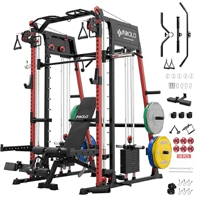 Mikolo M4 2.0 Elite Smith Machine with Weight Stack, All-in-One Home Gym Power Cage with LAT Pulldown & Cable Crossover, Squat Rack for Full Body Workouts (Red with 230LB Colored Weights Package)