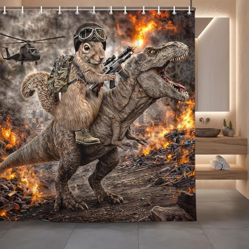 Image of Funny Squirrel Warrior Riding Dinosaur Shower Curtain, Waterproof Fabric Bath Curtain Set with Hooks, Funny Animal Shower Curtain for Kids Men Bathroom, 72X78 Inches