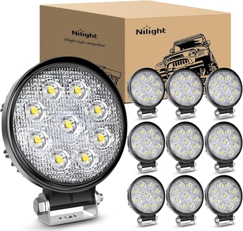 Nilight 4.5 Inch Round 27W Spot LED Work Light Fog Light Waterproof Offroad Driving Led light for Jeep SUV Boat Truck ATV Car, 2 year Warranty (10 pack) (15015S-E)
