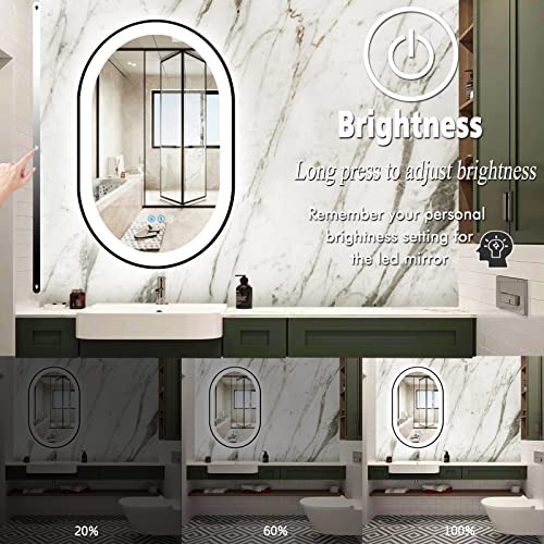 THEKLA 20 x 32 inch Black Frame Oval LED Mirror for Bathroom Wall Horizontal/Vertical Mounted Makeup 32 inch Black Framed Oval Lighted Vanity Mirror with Lights Smart Memory 3 Color Dimmable AntiFog