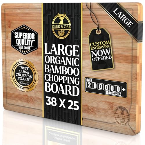 Deer & Oak Large Cutting Board 38 x 25 x 2cm, Pre-Oiled Wooden Bamboo Chopping Board for Carving Meat, Fish, Vegetables, Fruits, Cheese, Bread