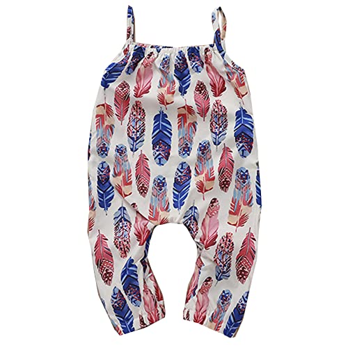 Baby Infant Girls Colorful Feathers Printed Sleeveless Suspender Cargo Shorts Jumpsuit Newborn Romper White #TOP22