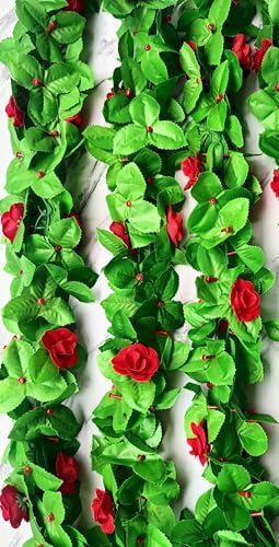 Image of VRB Dec 1 Pcs Artificial Flowers Vine Blossom /Roses Garland Fake (6 ft) Flowers Fabric Roses /Blossom Garland for Wedding Decor Diwali /Ganpati /Garden Wall Valentine (Red Rose Leaf Garland)