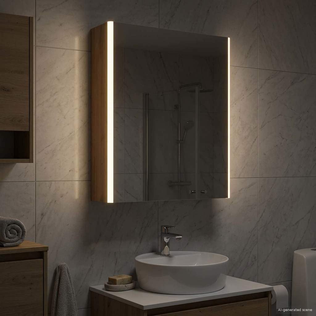 Szafka łazienkowa z lustrem, rzemiosło artystyczne, dąb drewnopochodny, 53,5 x 15,5 x 70 cm, z oświetleniem LED, montaż ścienny, schowek i regulowane półki do nowoczesnej łazienki