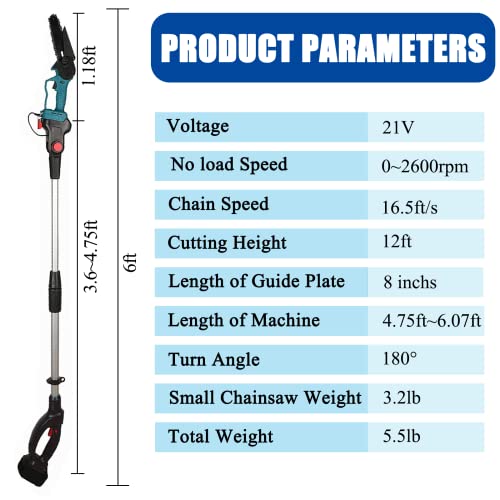 Pole Saw & Mini Chainsaw 2-In-1 Brushless Electric Chainsaw 6 Inch Cordless, 21V 2000Mah Li-Ion Battery*2, Adjustable Length 5.9Ft Range Electric Pole Saw For Wood Cutting Tree Trimming #TOP6