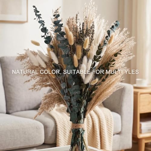 LAUMOE 77 Stück Pampasgras Deko Boho, Getrocknete Blumen Deko Trockenblumen Zum Basteln Groß Pampasgras Trockenblumen Deko für Hochzeits,Boho,Flur,Vasen,Room Vintage Beige Deko