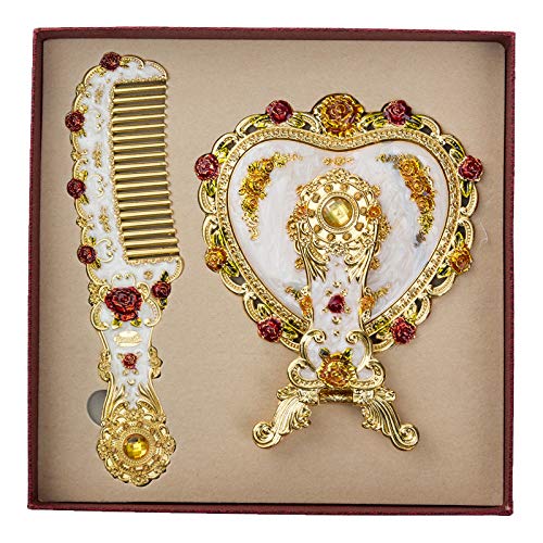 Byvute Handheld Mirror Set, Vintage Heart Shape Makeup Mirror And Comb Floral Antique Princess Castle Vanity Mirror Cosmetic Decorative Embossed Hair Brush Gift For Women Girls (Metal-Gold) #TOP18