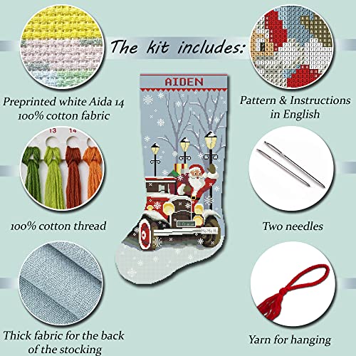 Cross Stitch Kits For Adults Stamped Personalized Christmas Stockings Cute Santa Claus Red Truck Needlepoint Counted Easy Cross-Stitch Patterns For Beginners, Embroidery Kit For Holiday Home Decor Diy #TOP3