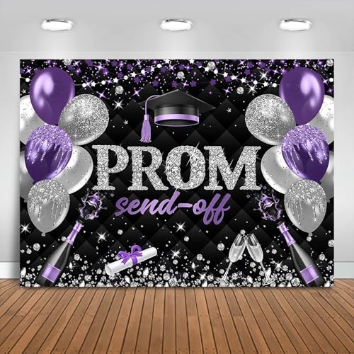 Fitumiw Prom Send Off 2026 Graduation Backdrop Class of 2026 Prom Background Party Decorations Congrats Grad Banner Photo Booth Props (Purple Silver and Black, 8x6ft)