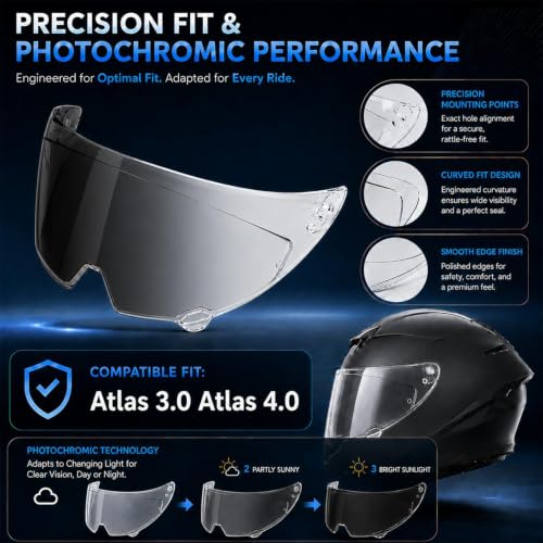 Image of PSLER Photochromic Shatterproof Motorcycle Helmet Visor for Atlas 3.0 4.0