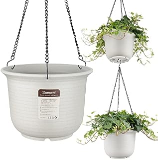 NEWKITS set of 3 - Self Watering Planter, 8.5 inches Diameter Round Plastic Hanging Plant Pots, with Chains And Drainage Holes, Suitable for all Indoor and Outdoor Plants, Flowers and Herbs.