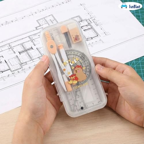 Image of FunBlast Capybara Theme Compass Set - 7 Pcs Transparent Geometry Box with Protector, Set Squares, Ruler, Compasses, Ruler Set, Math Geometry Kit for Student & Professional (LightBrown)