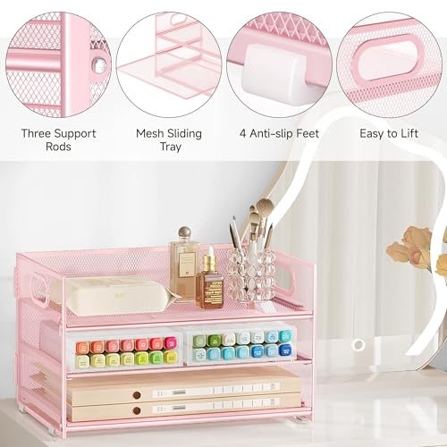 Pochette pour documents A4 et rangement de bureau en treillis rose à 3 niveaux