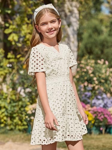 Haloumoning Girls Summer Dresses Kids V Neck A Line Hollow Out Party Mini Dress for 5-14 Years4