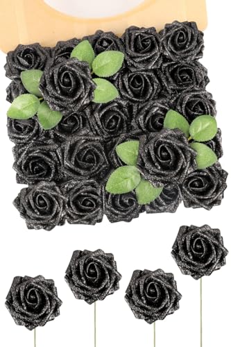 N&T NIETING Lot de 25 Fleurs artificielles à Paillettes Noires avec Tige pour Bouquet de Mariage, Arrangement, fête, fête prénatale et décoration d'intérieur
