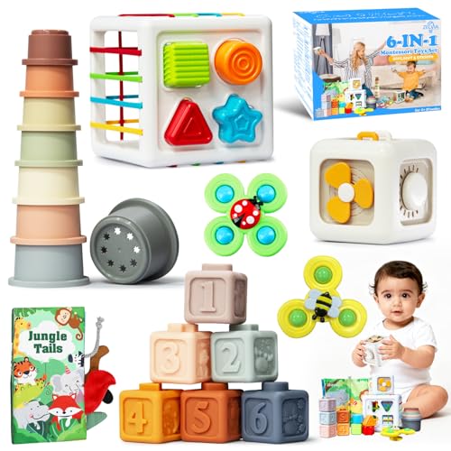 6 in 1 montessori baby toys for 6-36 months old-incl Busy Cube,stacking cups,Shape Sorting Bin,baby blocks,crinkle books, suction cups spinners,Sorting Learning Sensory Toys Gift for Babies Aged 1-3