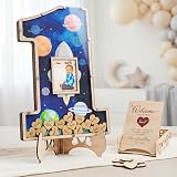Decoraciones de primer cumpleaños – Alternativas a libro de invitados – Marco de fotos con forma de número uno – Primer viaje alrededor del sol, recuerdo de centro de mesa de cumpleaños – 1er viaje