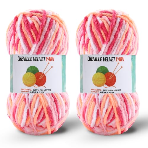 Image of 2 * 100g /3.5oz Fluffy Chenille Yarn for Crocheting, Chunky Velvet Yarn for Crochet Amigurumi, Used for Making Baby Yarns Blanket, Clothes, Pattern Knitting Creations (Colorful-G)