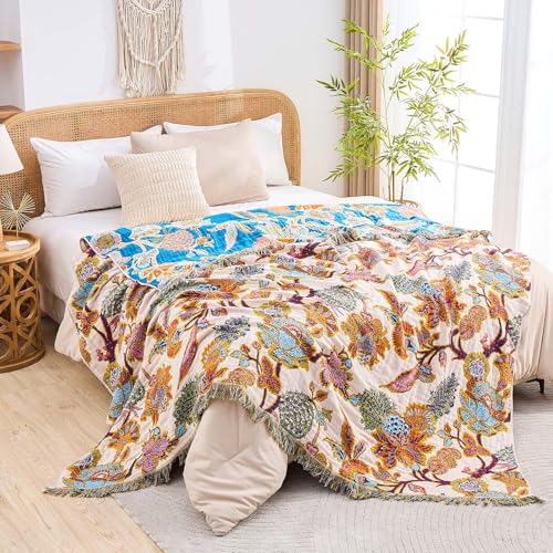 Image of XIBLC Boho Throw Blanket for Bed, 100% Cotton Soft Rustic Quilt Fall Blanket, 80 inchx90 inch Floral Printed Farmhouse Decor Bed Blankets, All Season Rustic Reversible Bohemian Throw Quilt