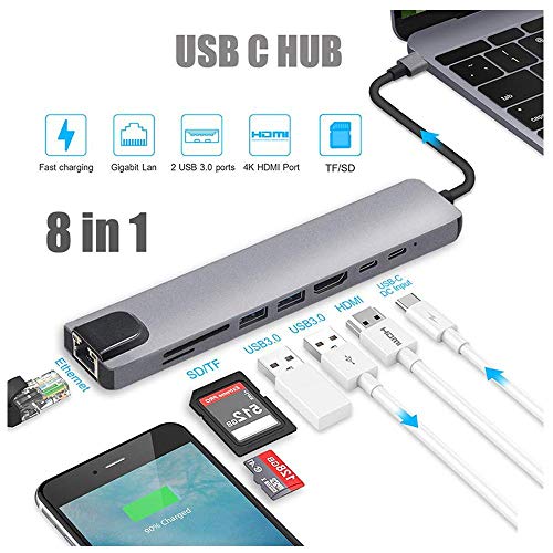 Adaptador Tipo C 8 Portas com Hdmi 4k + Usb-c + Rj45 Gigabit Ethernet + Dual Usb + Sd Tf para Macboo