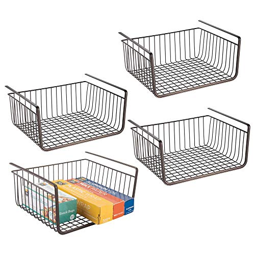 mDesign Household Metal Under Shelf Hanging Storage Bin Basket with Open Front for Organizing Kitchen Cabinets, Cupboards, Pantries, Shelves - Large, 4 Pack - Bronze