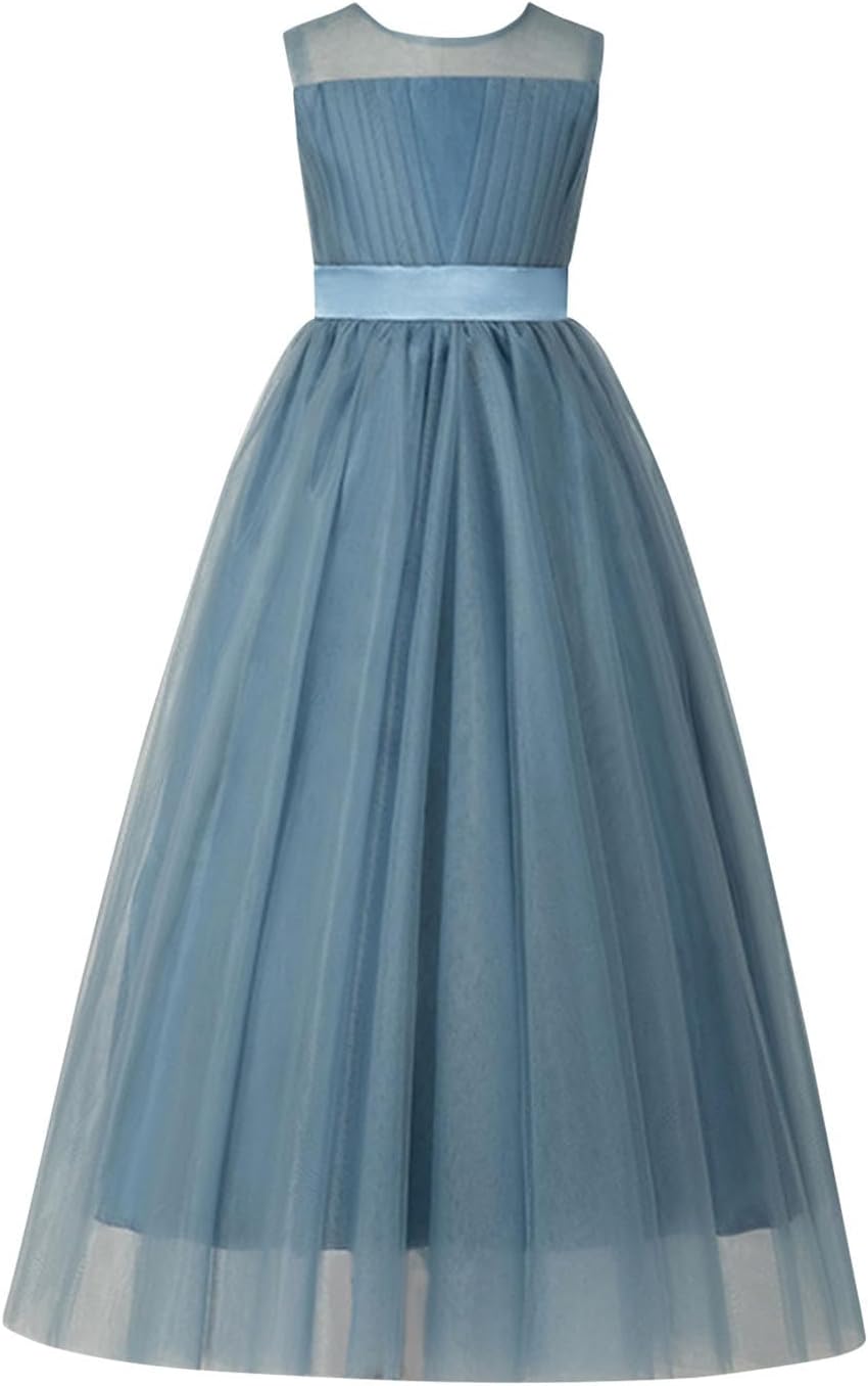 Mesh Princess Dress Sleeveless Solid Birthday Party Performance Formal Wear Round Neck Fashionable Dresses for Kids