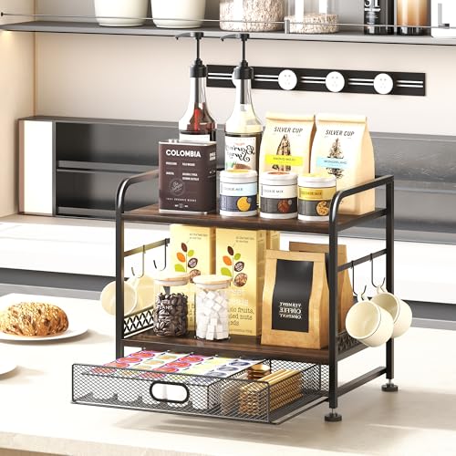 IBEDMAZIE 2-Tier Metal and Wood Coffee Bar Organizer w/ Sliding Drawer and Mug Hooks (Black) 19.95 + Free Ship + 50% Off Code 50ZAQKDA - image 3