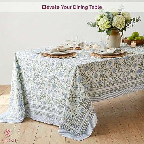ATOSII Mahoka Blue 100% Cotton Rectangle Tablecloth, Handblock Floral Print Linen Table Cloth for Kitchen Dining I Parties, Outdoors, Weddings, Holidays, Summer I 72 X 108 Inches I 8 Seater by ATOSII - Image 7