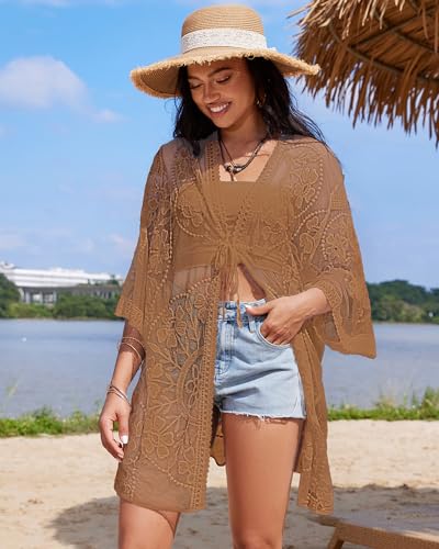 Bsubseach 2025 Kimonos for Women Lace Swimsuit Coverup Mesh Swim Cover Up Beach Vacation Sheer Kimono Duster Cardigans2