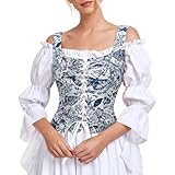 Century Star Blue Floral Corset Tops for Women Pirate Vest Renaissance Costume Women Medieval Victorian Floral Lace Up Steampunk Gothic Viking Bodice Crop Bustier Halloween Costumes Plus Size M