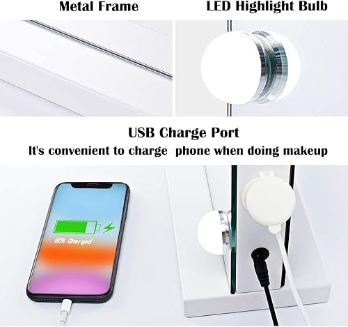 Miniatura 4 de Espejo de maquillaje con luces, aumento de 10X, espejo de tocador grande iluminado Hollywood con 15 bombillas LED regulables, 3 modos de color,